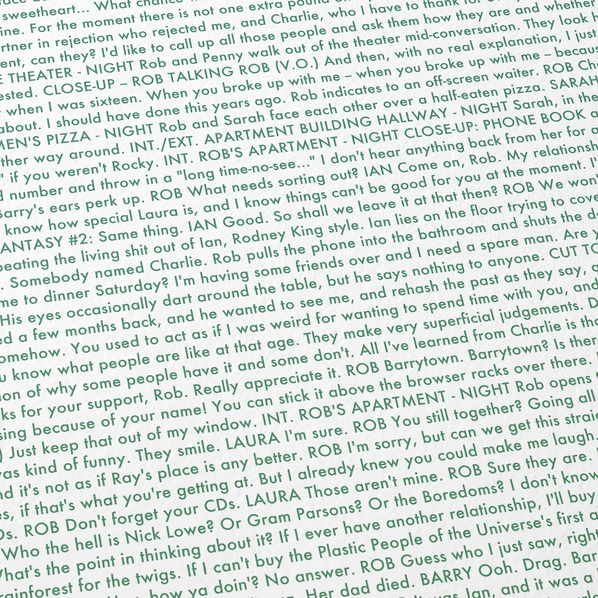 Close-up detail of the High Fidelity movie script poster showing dense typographic text.