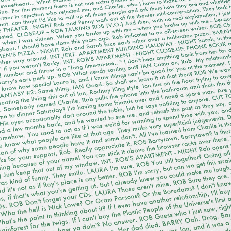 Close-up detail of the High Fidelity movie script poster showing dense typographic text.