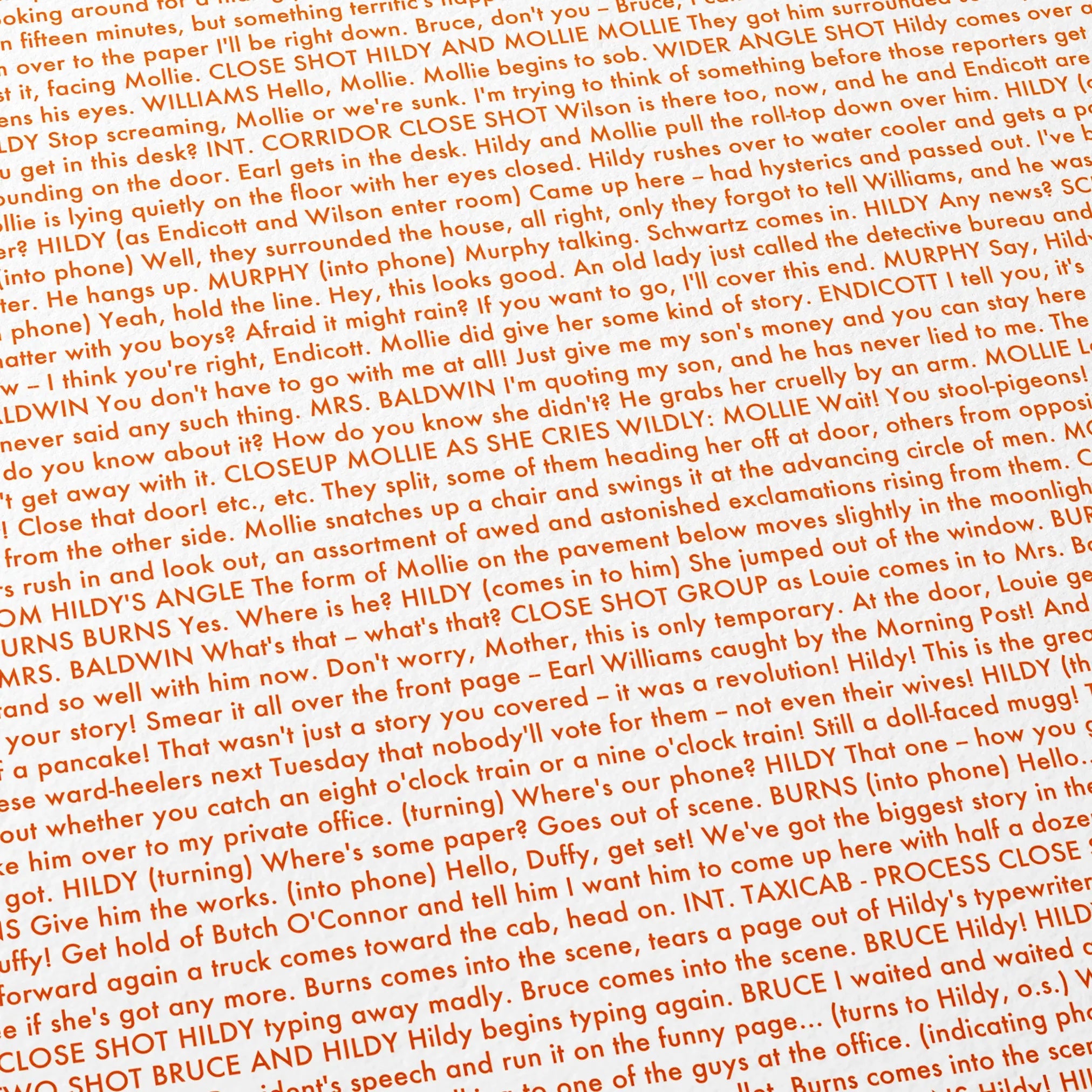 Close-up detail of the His Girl Friday movie script poster showing dense typographic text.