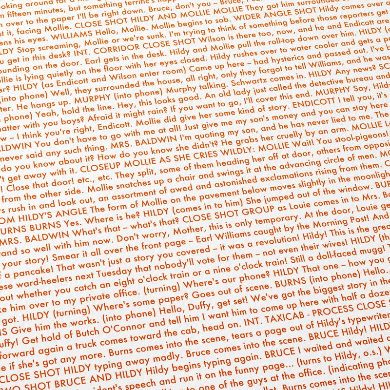 Close-up detail of the His Girl Friday movie script poster showing dense typographic text.