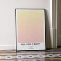 A framed His Girl Friday movie script poster leaning against a wall in a minimalist interior.