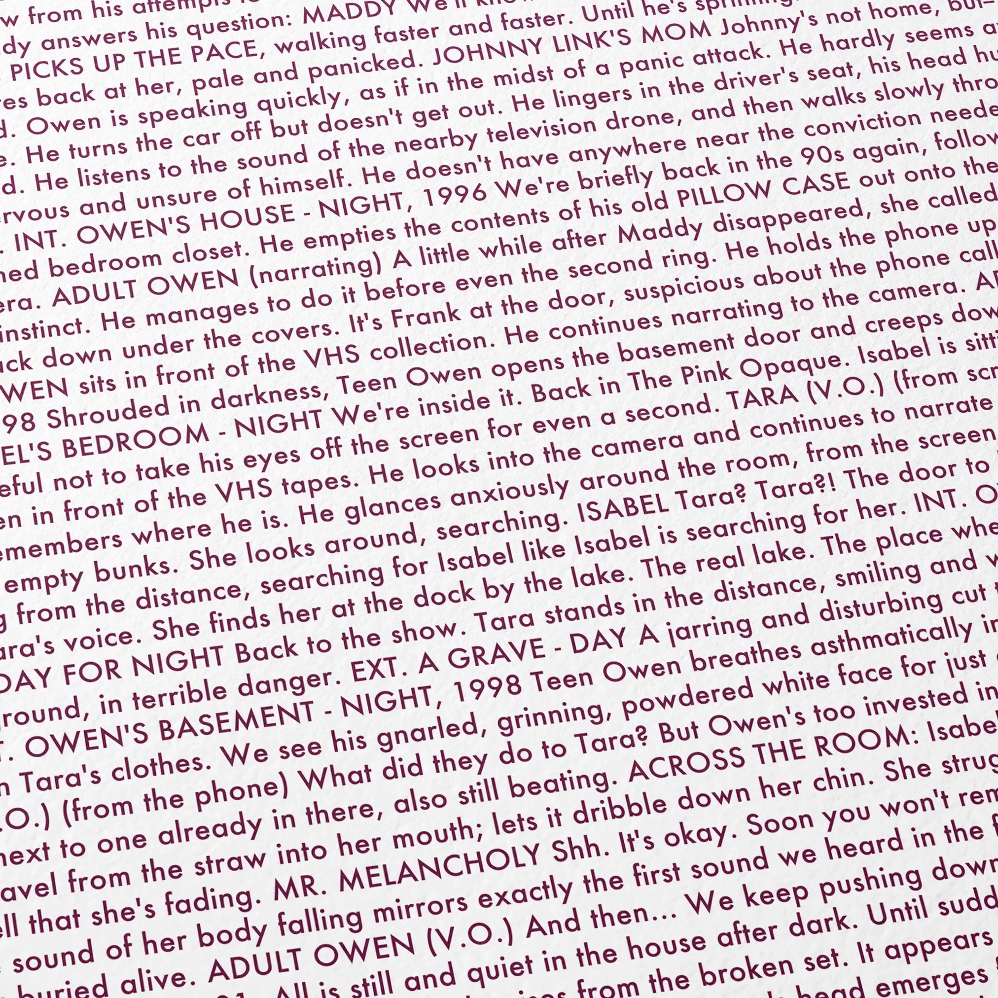 Close-up detail of the I Saw the TV Glow movie script poster showing dense typographic text.