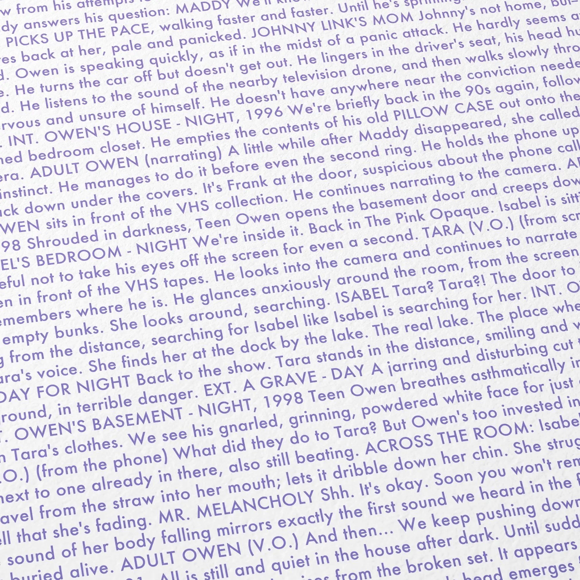 Close-up detail of the I Saw the TV Glow movie script poster showing dense typographic text.