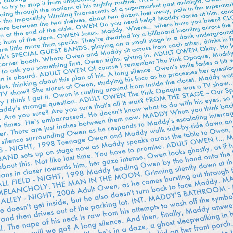 Close-up detail of the I Saw the TV Glow movie script poster showing dense typographic text.