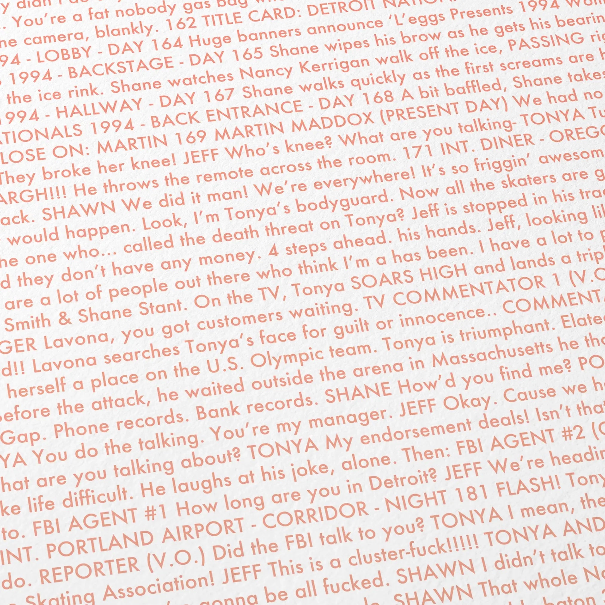 Close-up detail of the I, Tonya movie script poster showing dense typographic text.