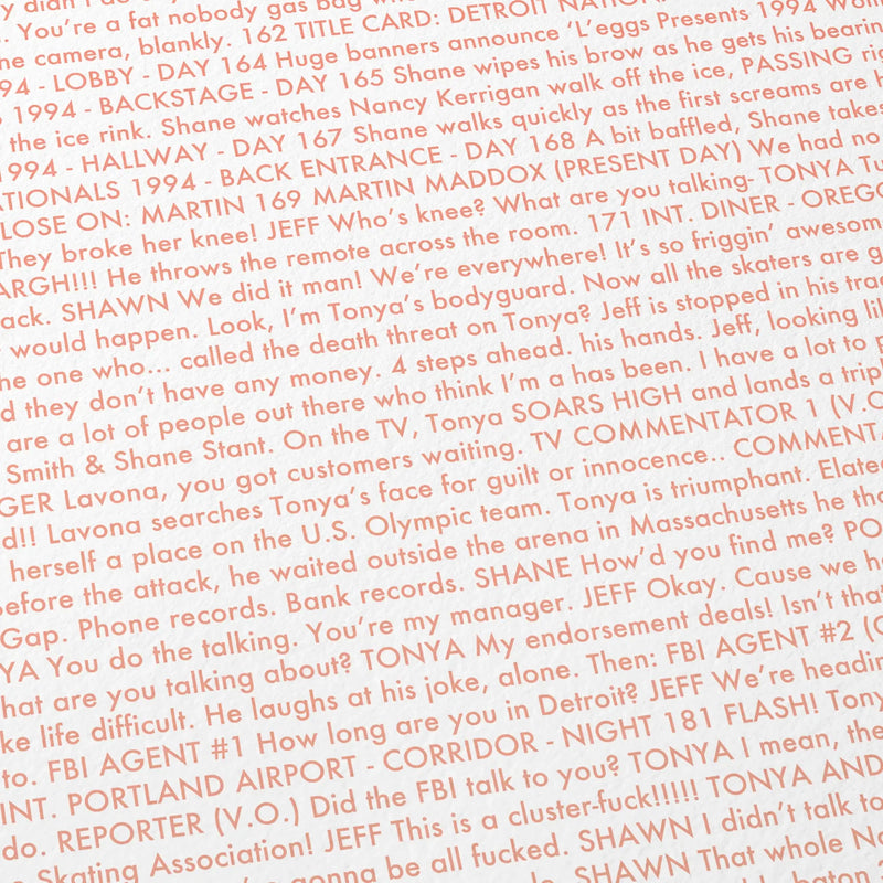 Close-up detail of the I, Tonya movie script poster showing dense typographic text.