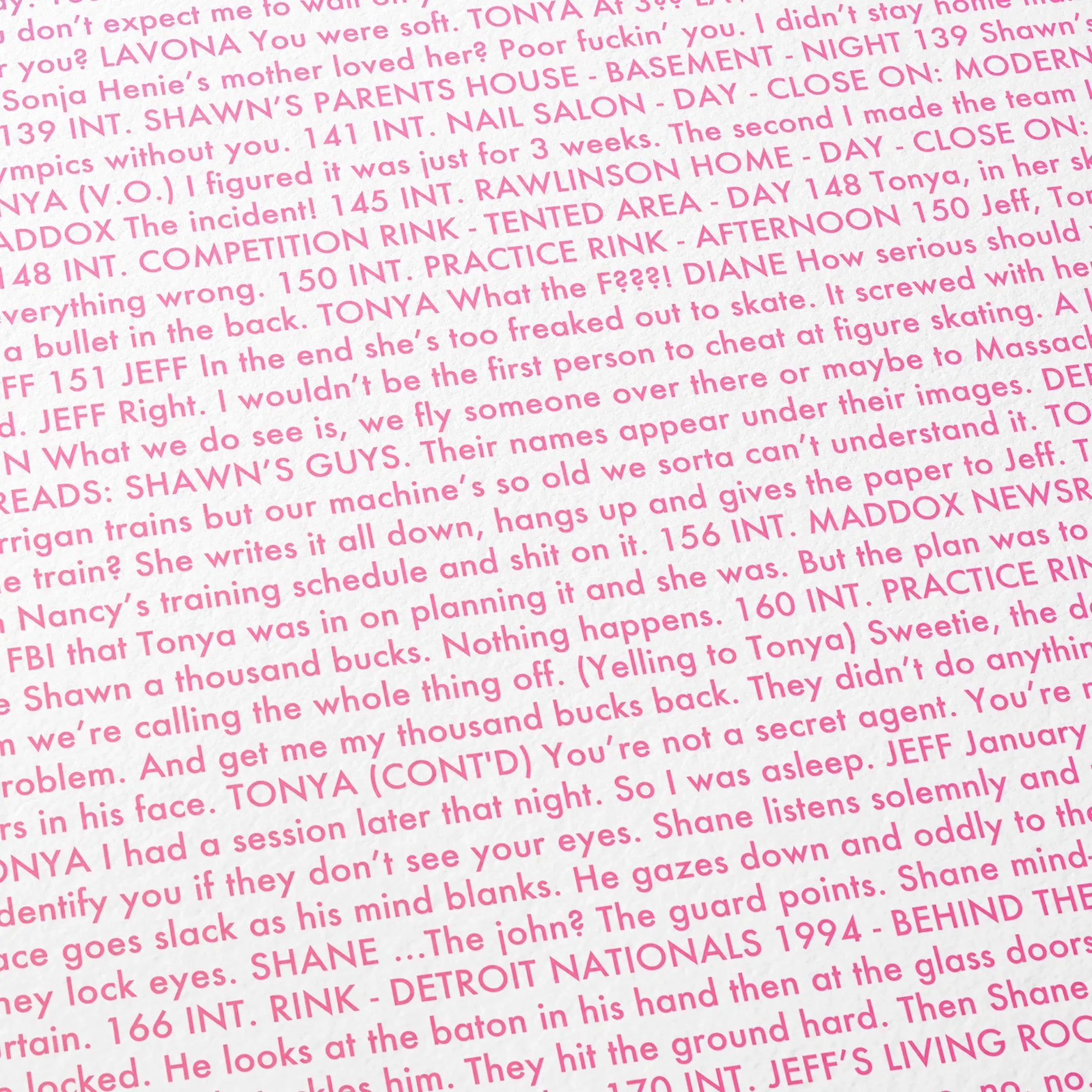 Close-up detail of the I, Tonya movie script poster showing dense typographic text.