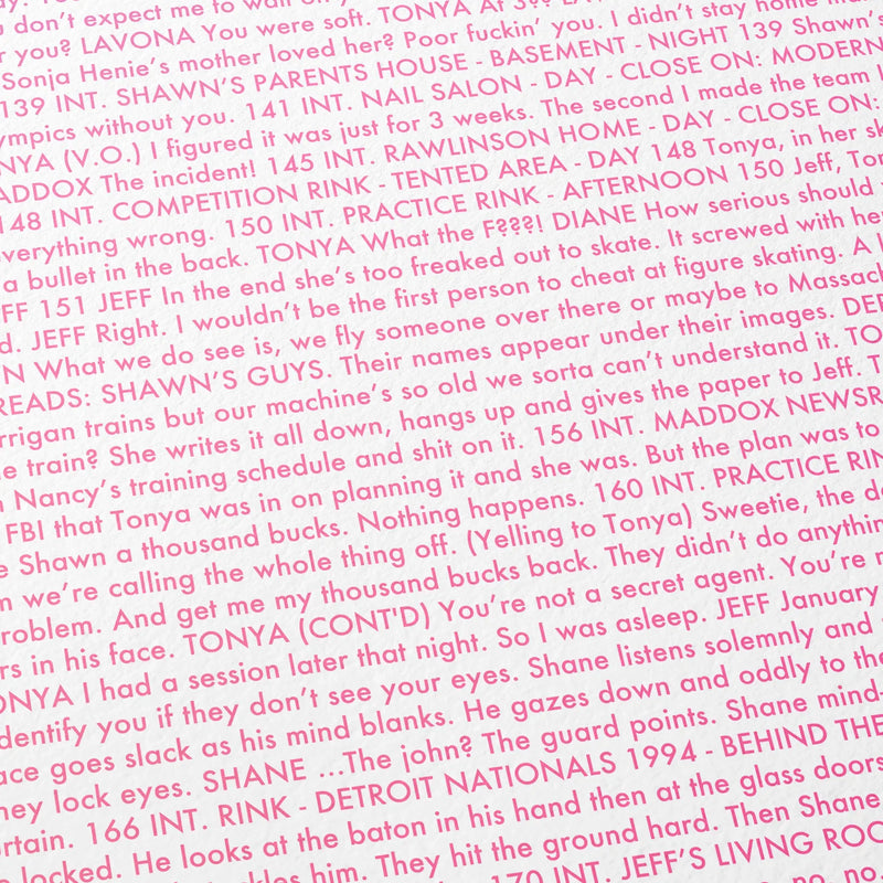 Close-up detail of the I, Tonya movie script poster showing dense typographic text.