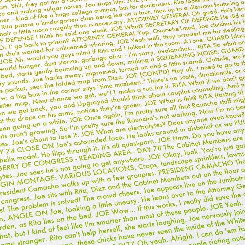 Close-up detail of the Idiocracy movie script poster showing dense typographic text.