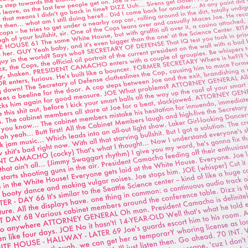 Close-up detail of the Idiocracy movie script poster showing dense typographic text.