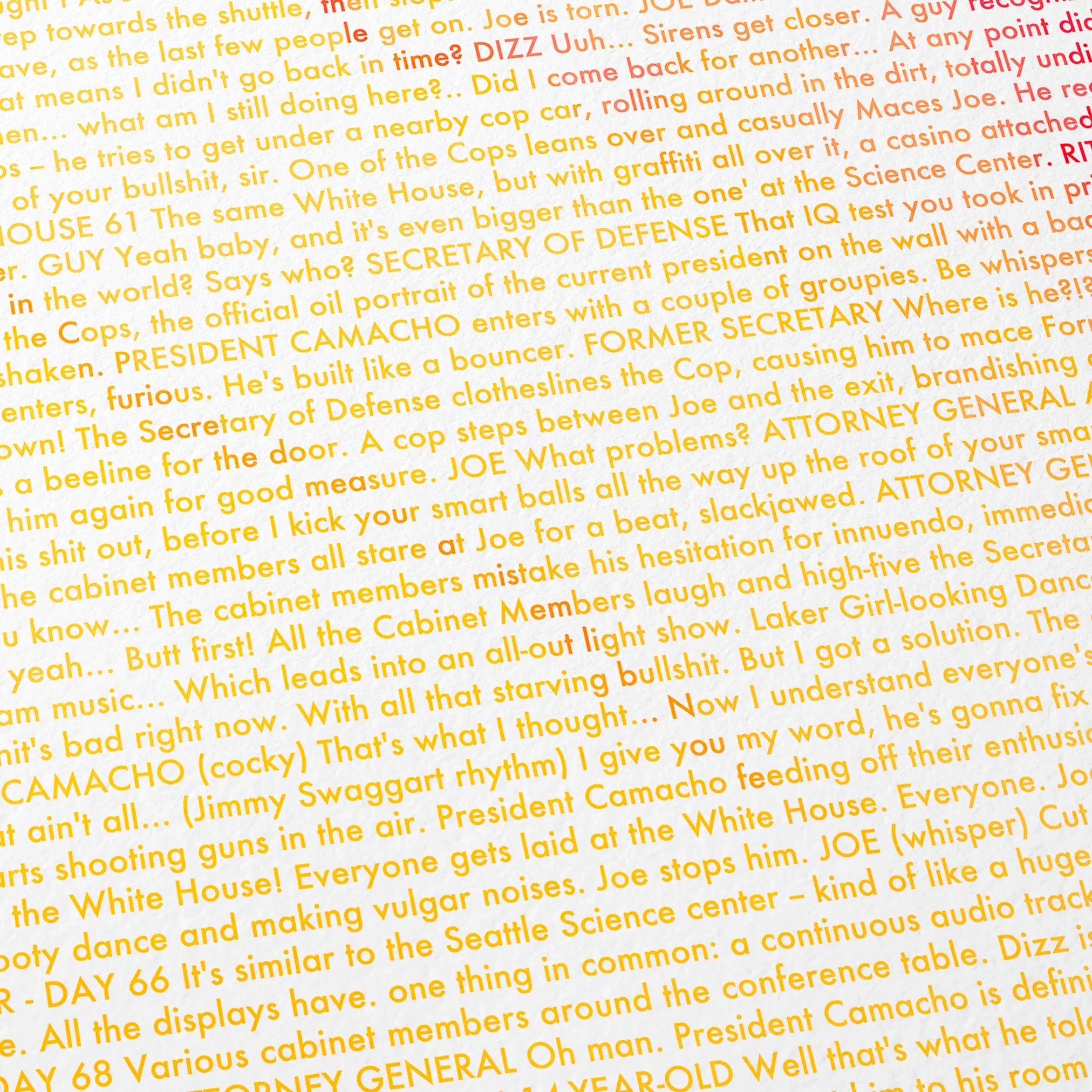 Close-up detail of the Idiocracy movie script poster showing dense typographic text.