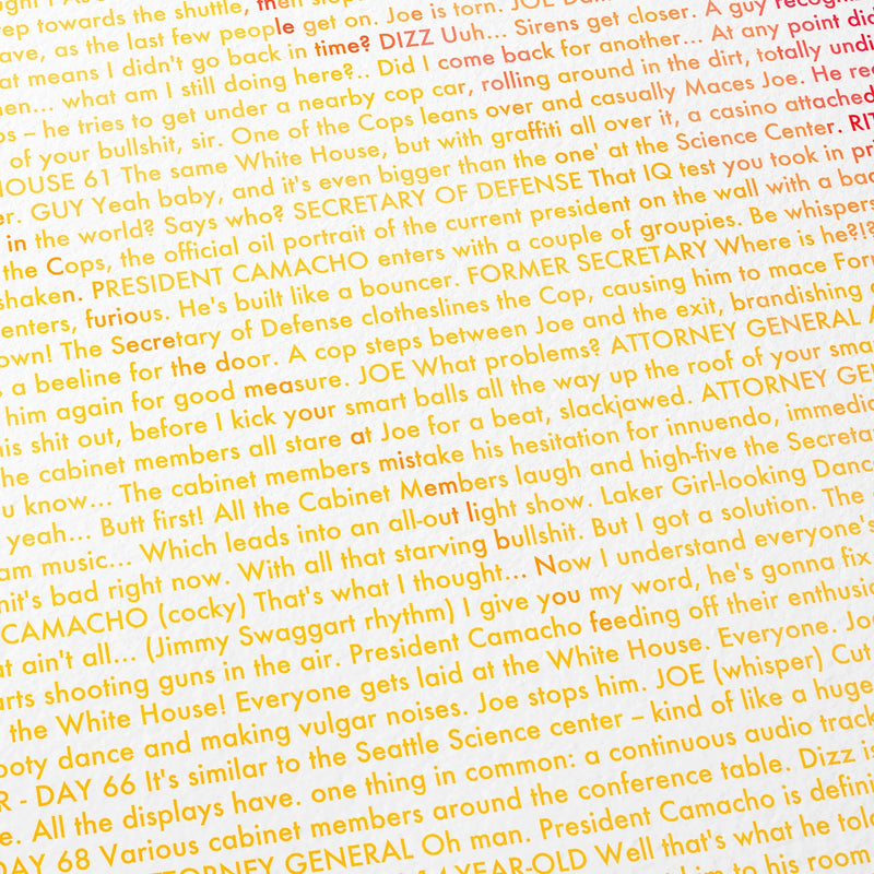 Close-up detail of the Idiocracy movie script poster showing dense typographic text.