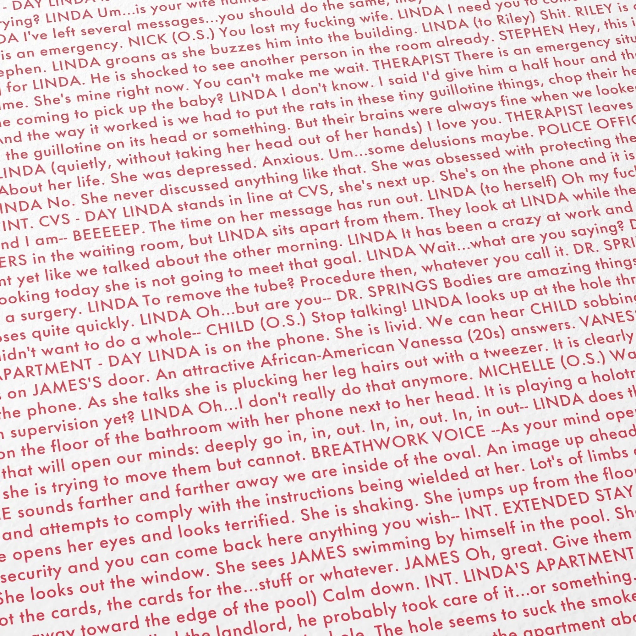 Close-up detail of the If I Had Legs I'd Kick You movie script poster showing dense typographic text.