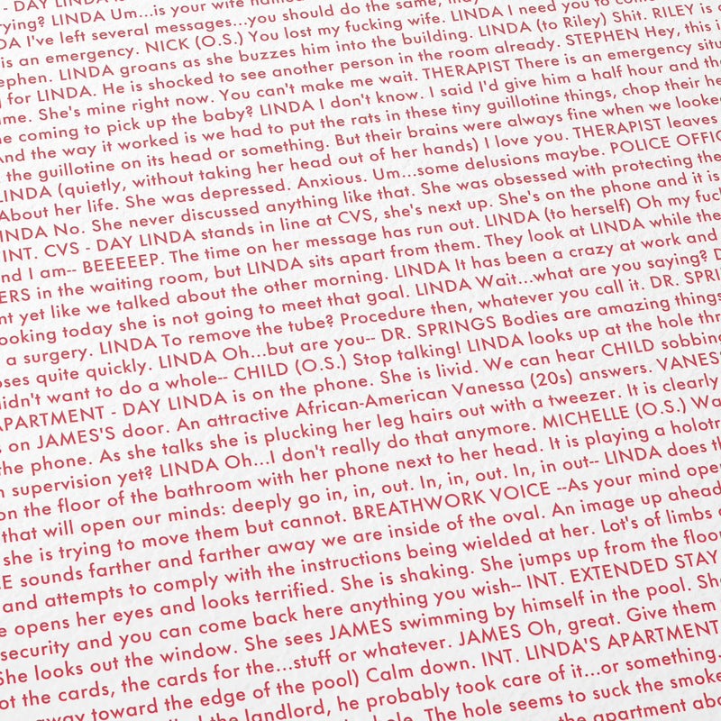 Close-up detail of the If I Had Legs I'd Kick You movie script poster showing dense typographic text.