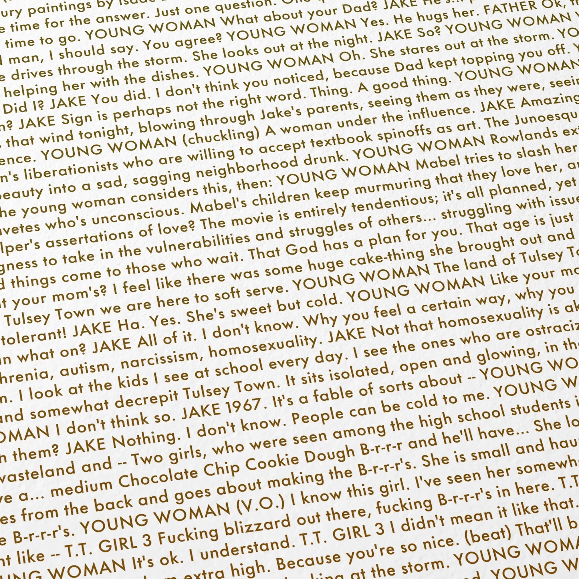 Close-up detail of the I'm Thinking of Ending Things movie script poster showing dense typographic text.