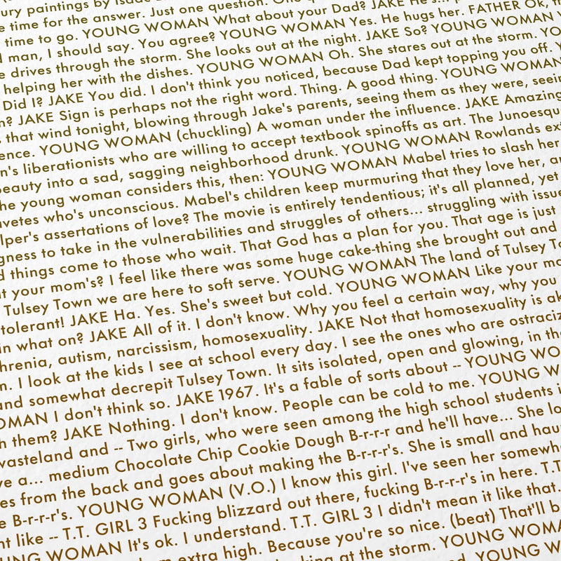 Close-up detail of the I'm Thinking of Ending Things movie script poster showing dense typographic text.