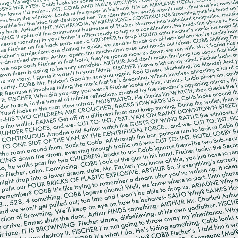 Text from the Inception screenplay with dialogue and scene descriptions.