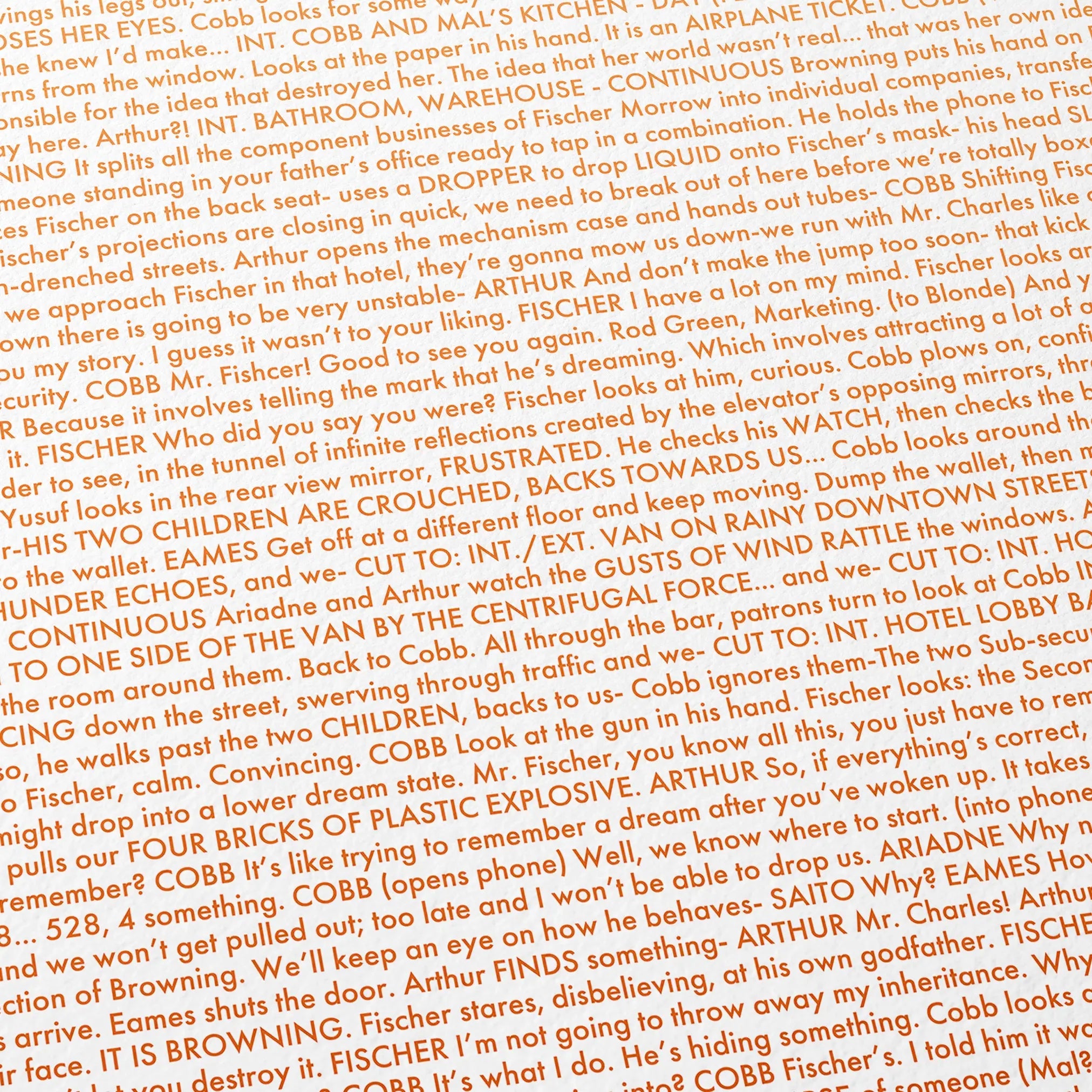 Text from Inception movie script on a white background