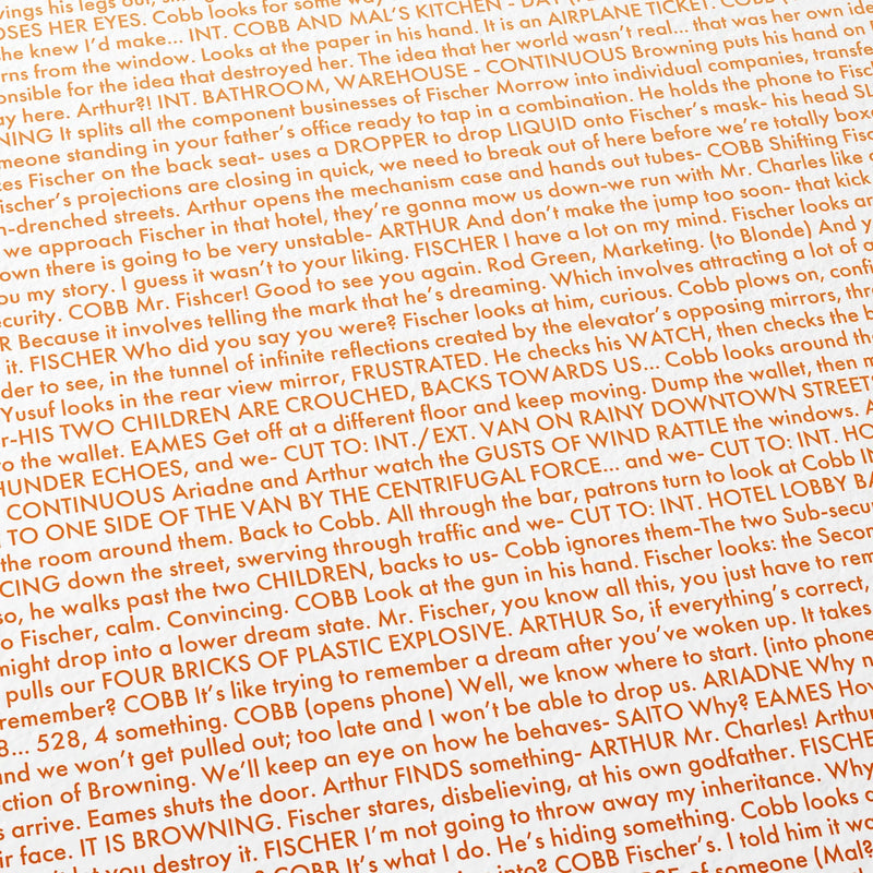 Text from Inception movie script on a white background
