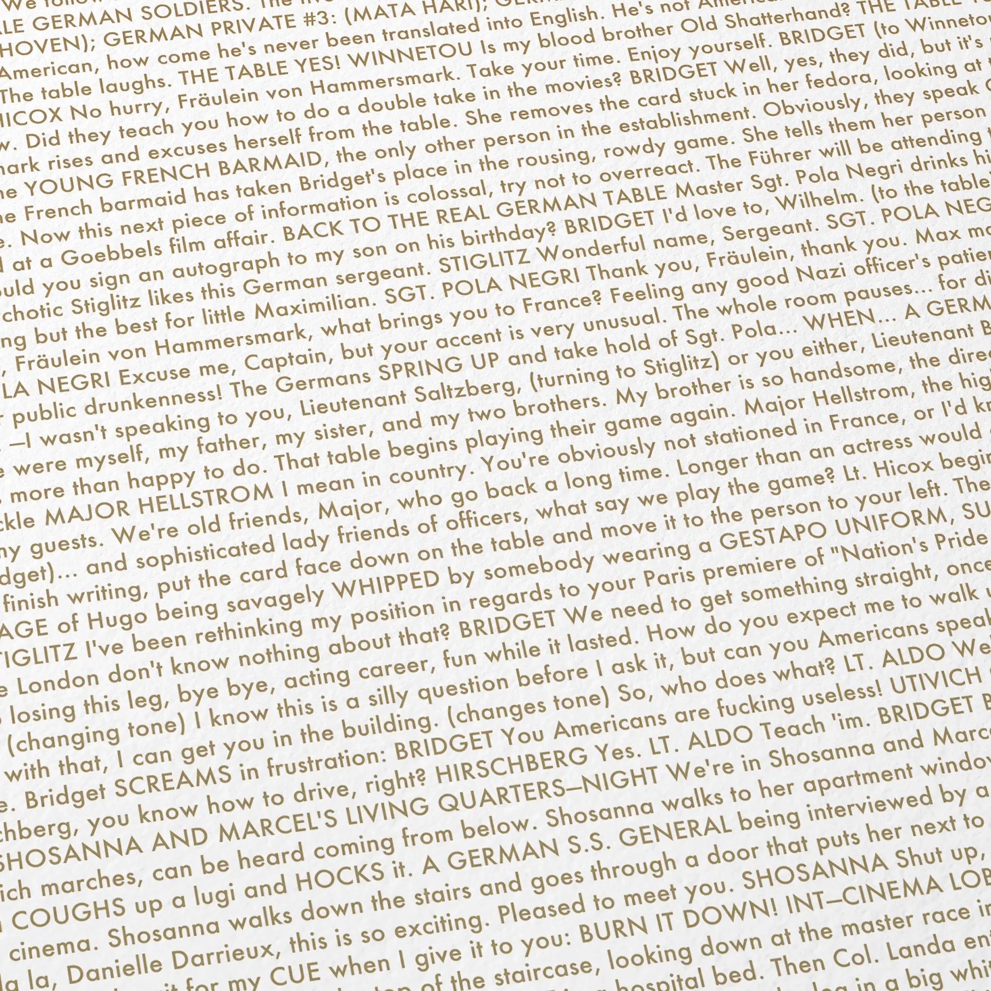 Close-up detail of the Inglourious Basterds movie script poster showing dense typographic text.