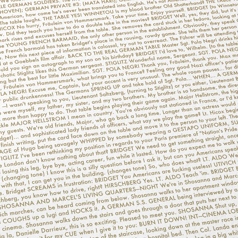 Close-up detail of the Inglourious Basterds movie script poster showing dense typographic text.