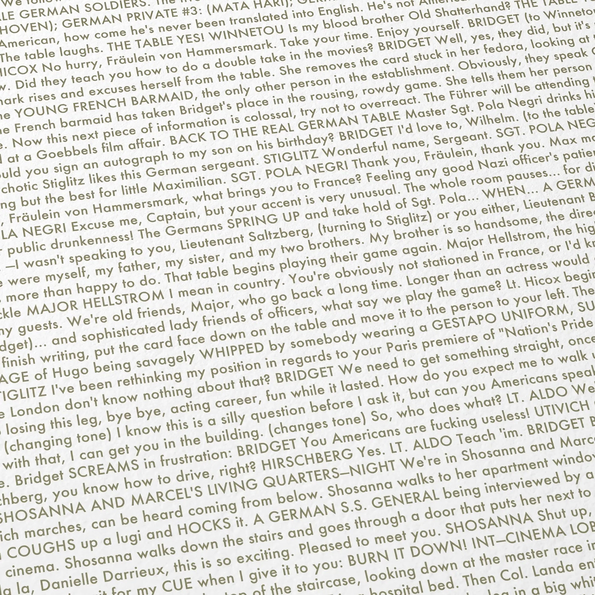 Close-up detail of the Inglourious Basterds movie script poster showing dense typographic text.