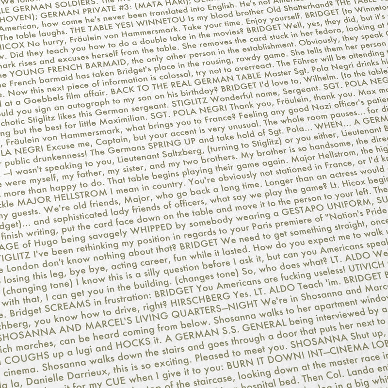 Close-up detail of the Inglourious Basterds movie script poster showing dense typographic text.