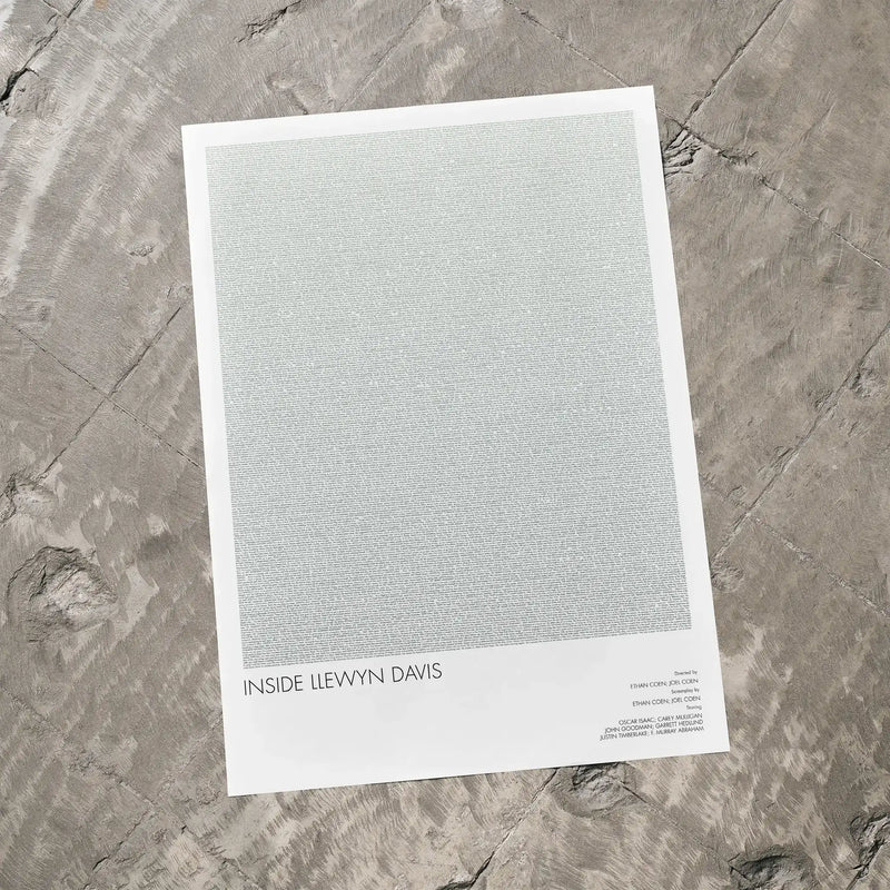 A Inside Llewyn Davis movie script poster laid flat on a textured floor surface.