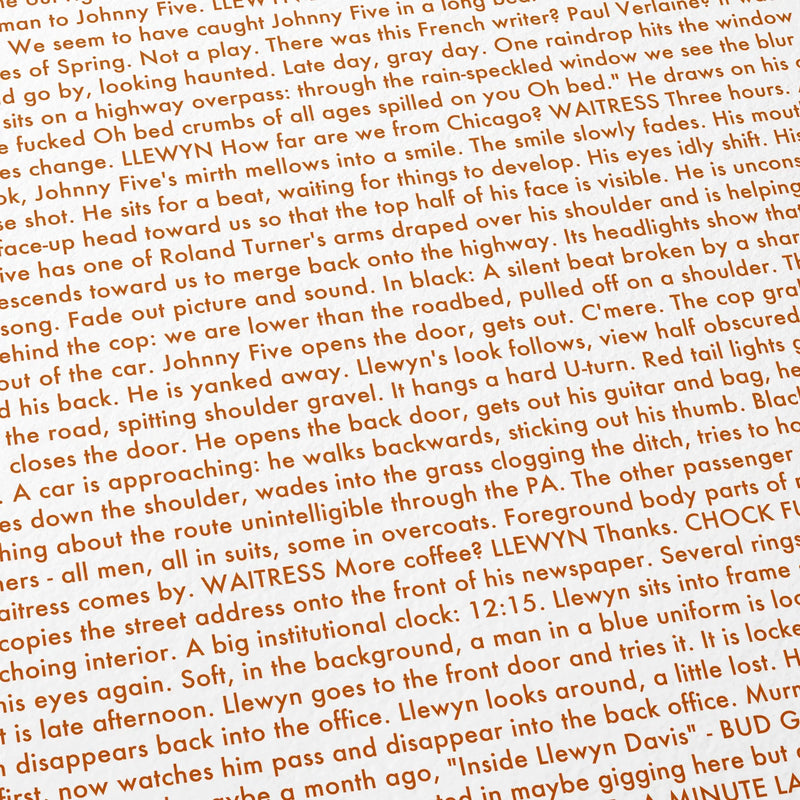 Close-up detail of the Inside Llewyn Davis movie script poster showing dense typographic text.