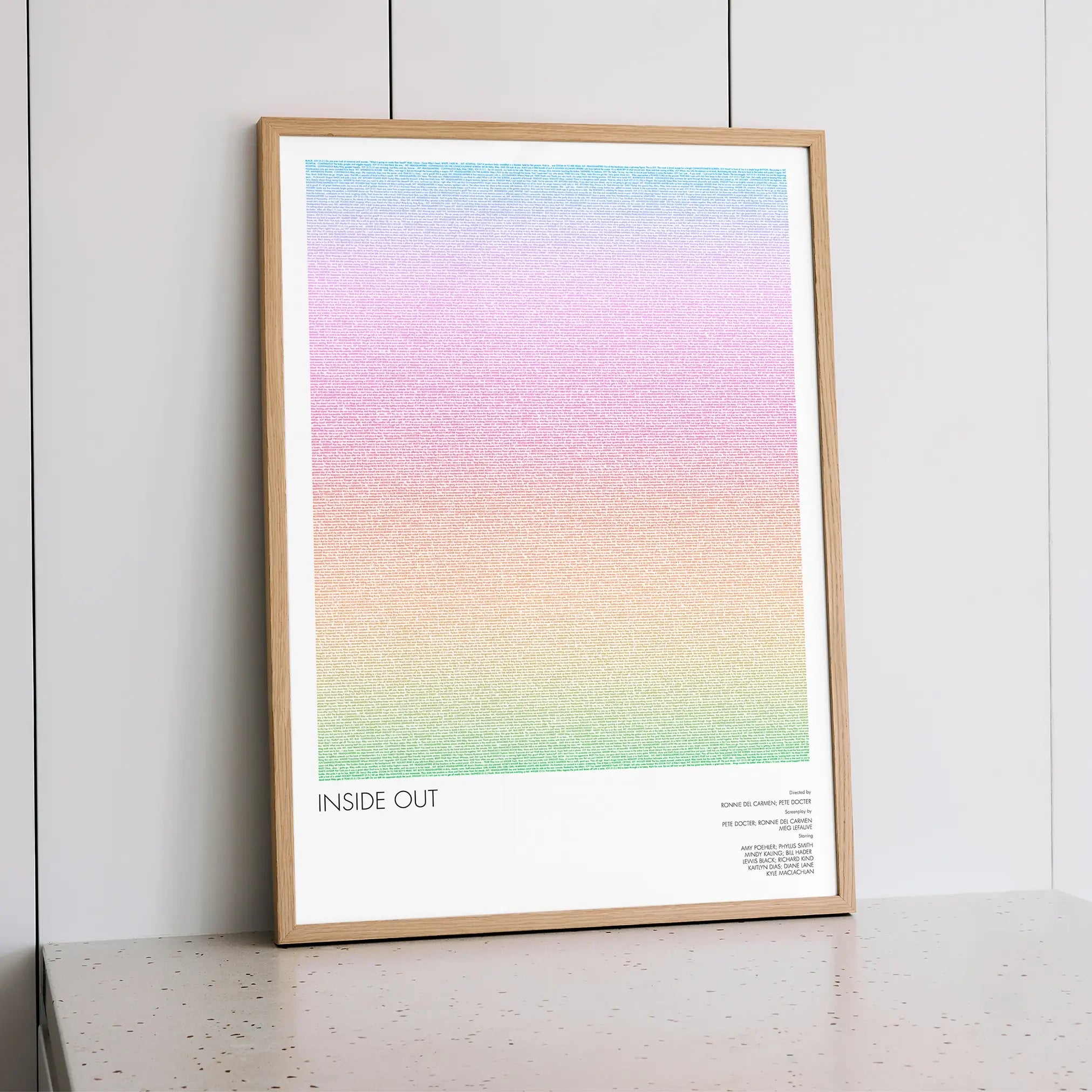 A framed Inside Out movie script poster styled within a calm interior space.