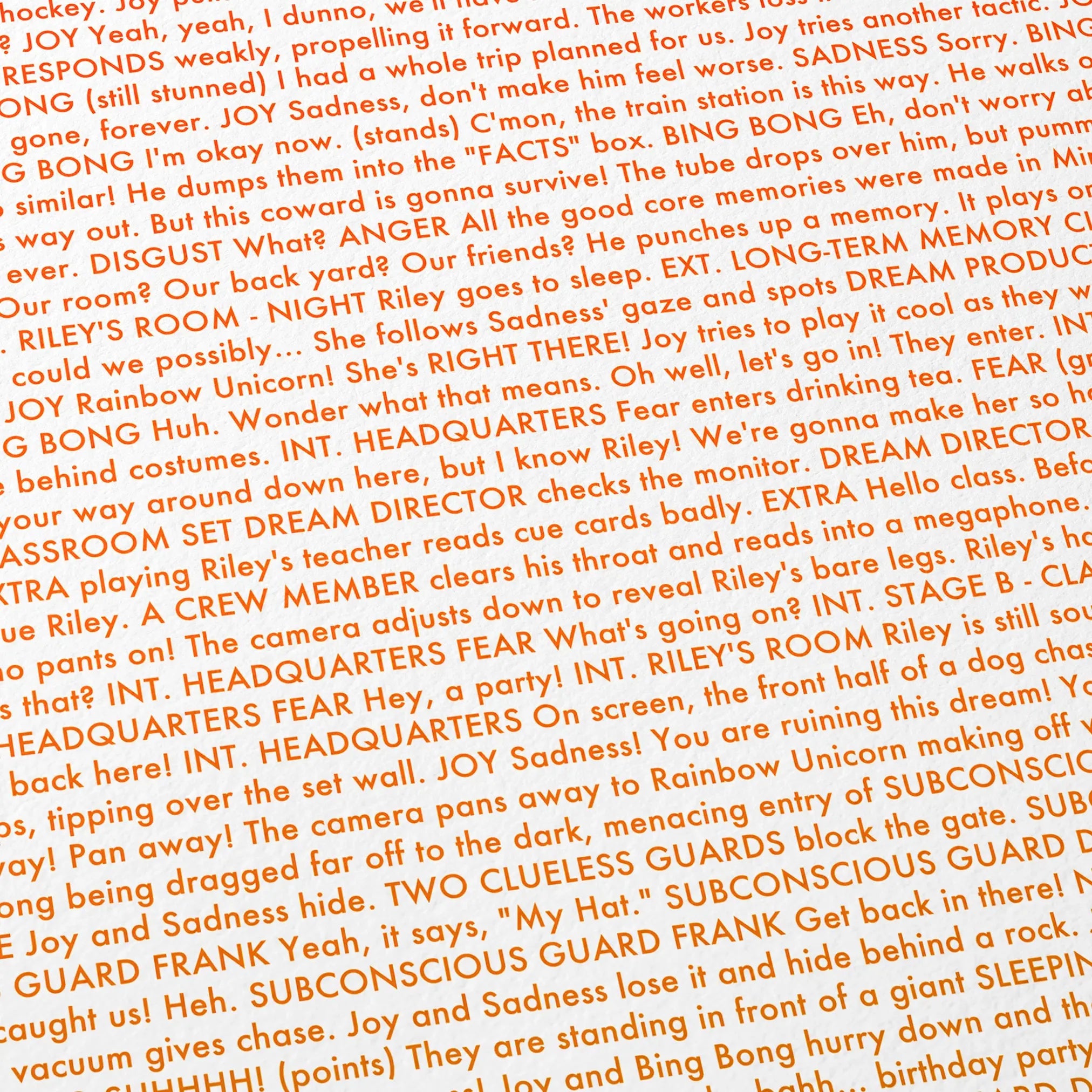 Close-up detail of the Inside Out movie script poster showing dense typographic text.
