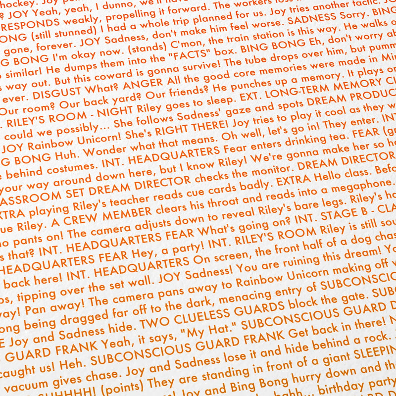 Close-up detail of the Inside Out movie script poster showing dense typographic text.