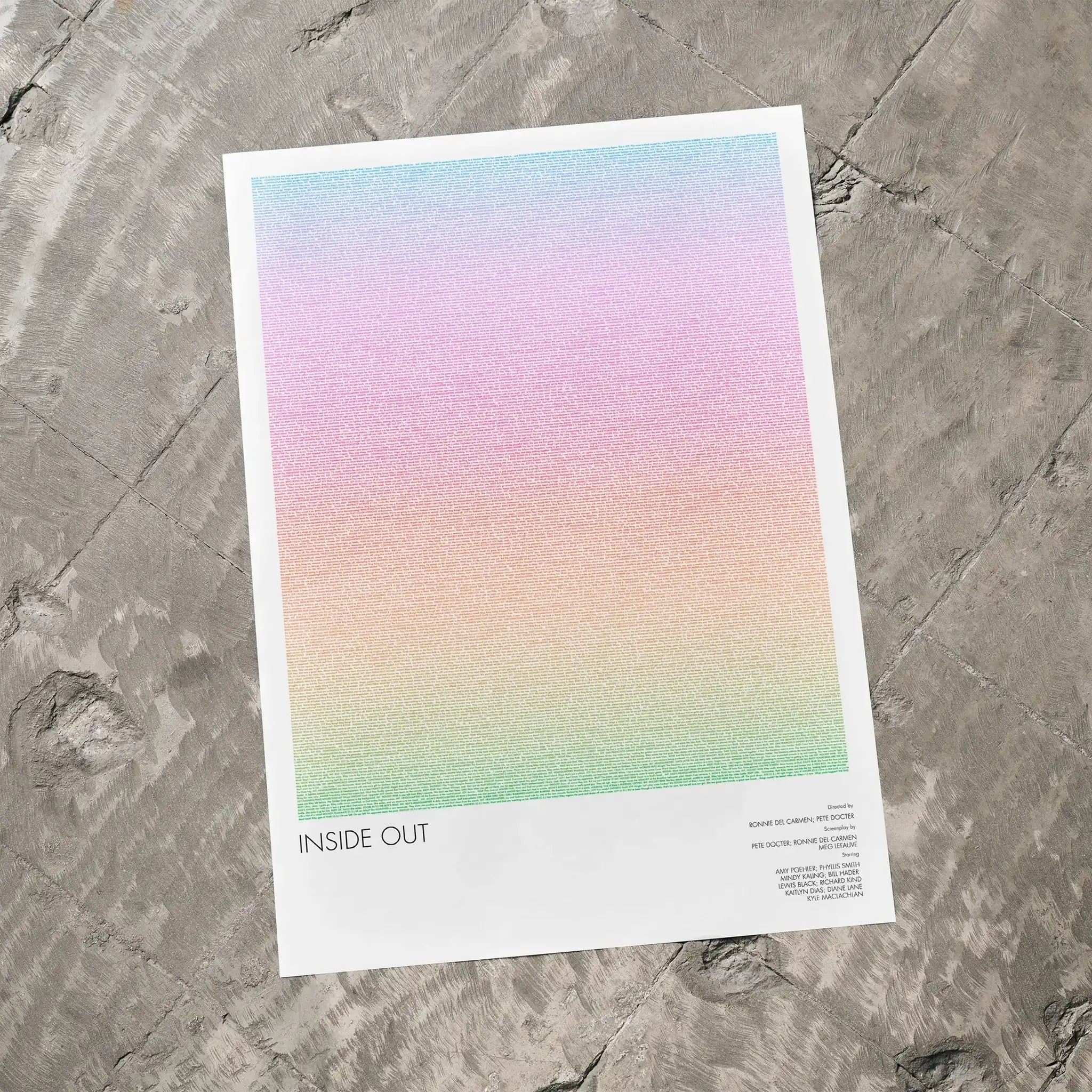 A Inside Out movie script poster laid flat on a textured floor surface.