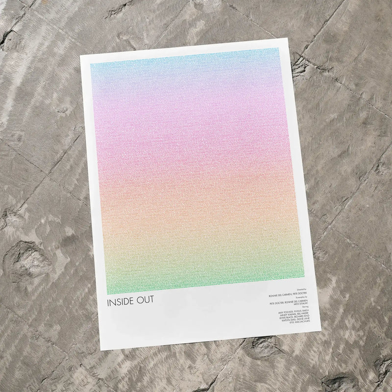 A Inside Out movie script poster laid flat on a textured floor surface.