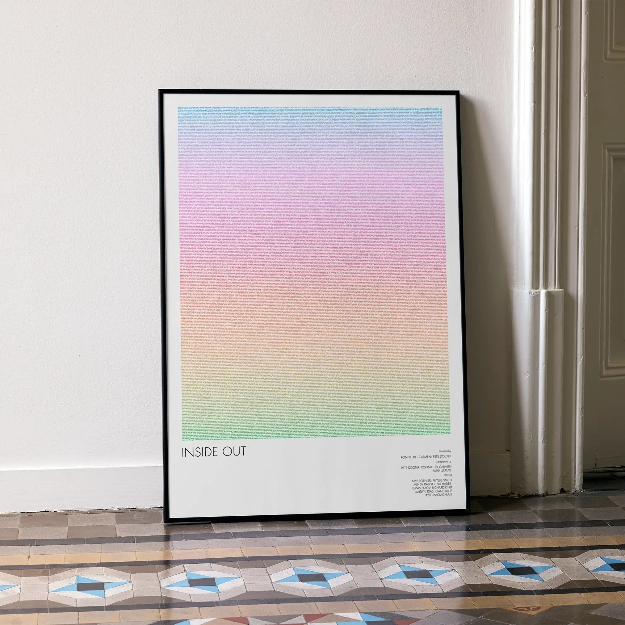 A framed Inside Out movie script poster leaning against a wall in a minimalist interior.