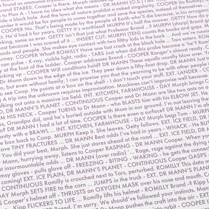 Close-up detail of the Interstellar movie script poster showing dense typographic text.