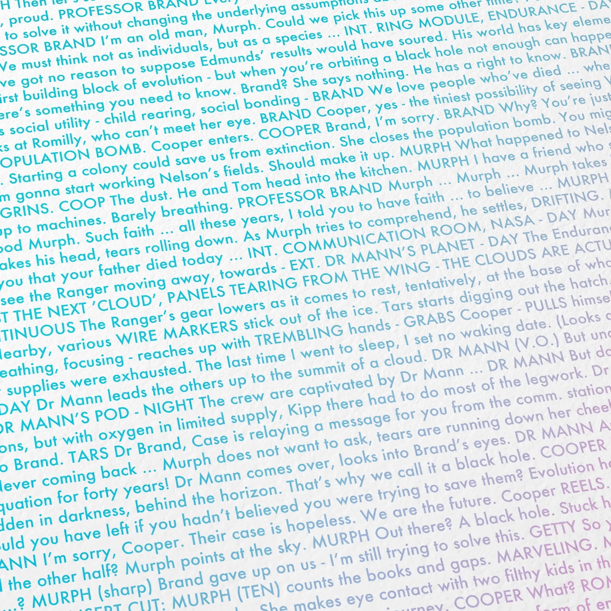 Close-up detail of the Interstellar movie script poster showing dense typographic text.