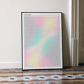 Framed Interstellar poster with a colorful design on a wall in a room with a patterned floor.