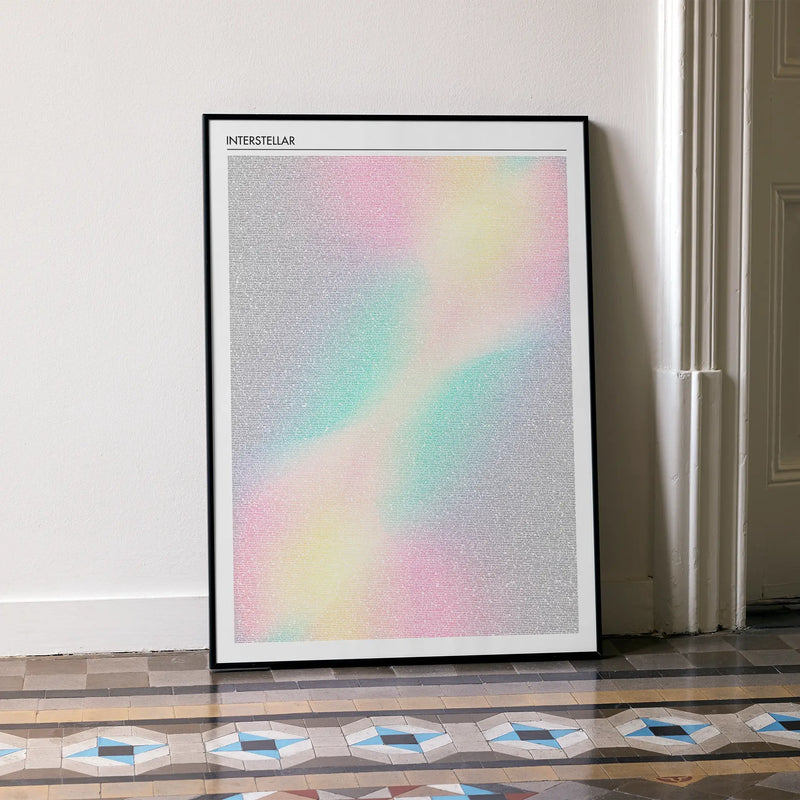 Framed Interstellar poster with a colorful design on a wall in a room with a patterned floor.