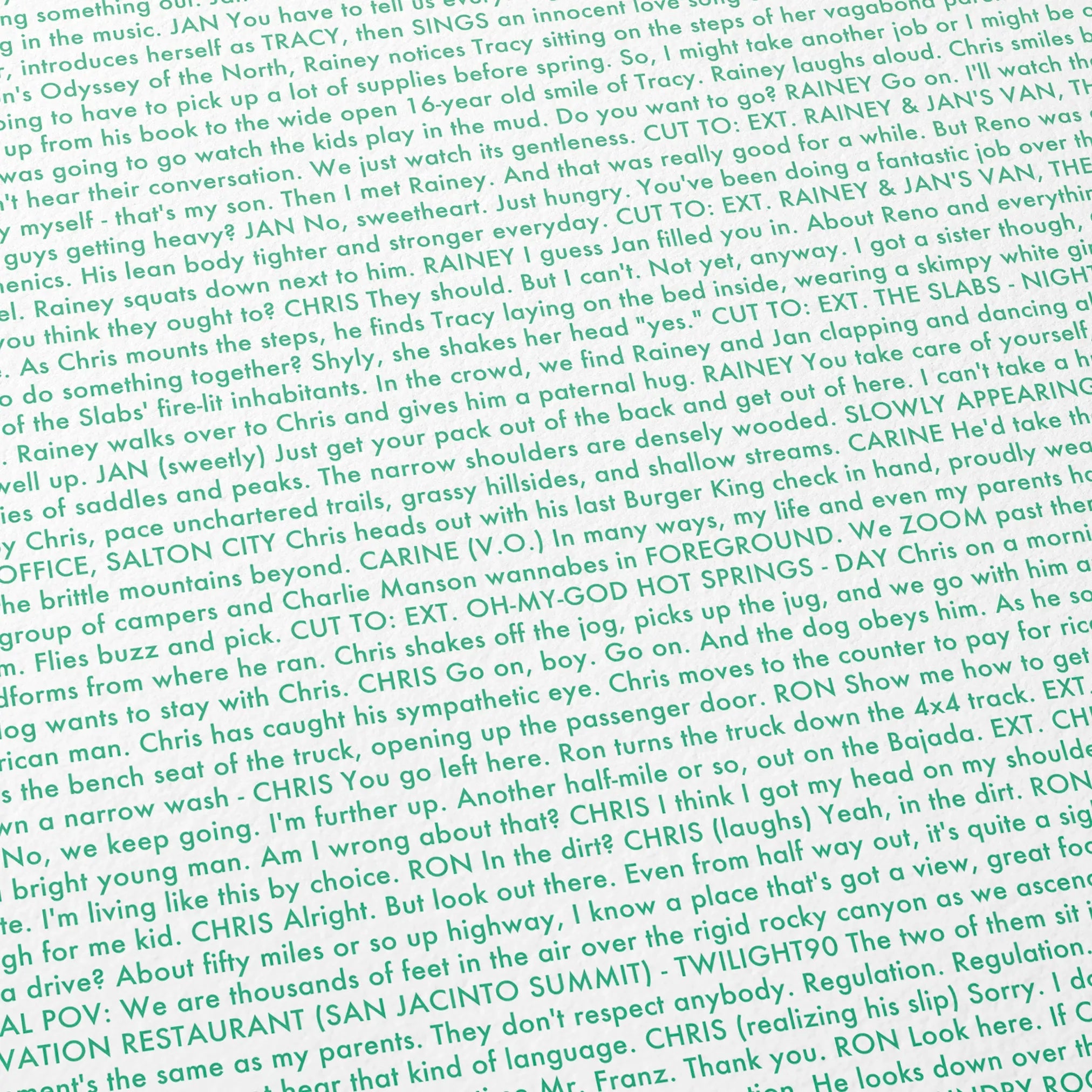 Close-up detail of the Into the Wild movie script poster showing dense typographic text.