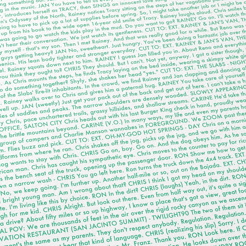 Close-up detail of the Into the Wild movie script poster showing dense typographic text.