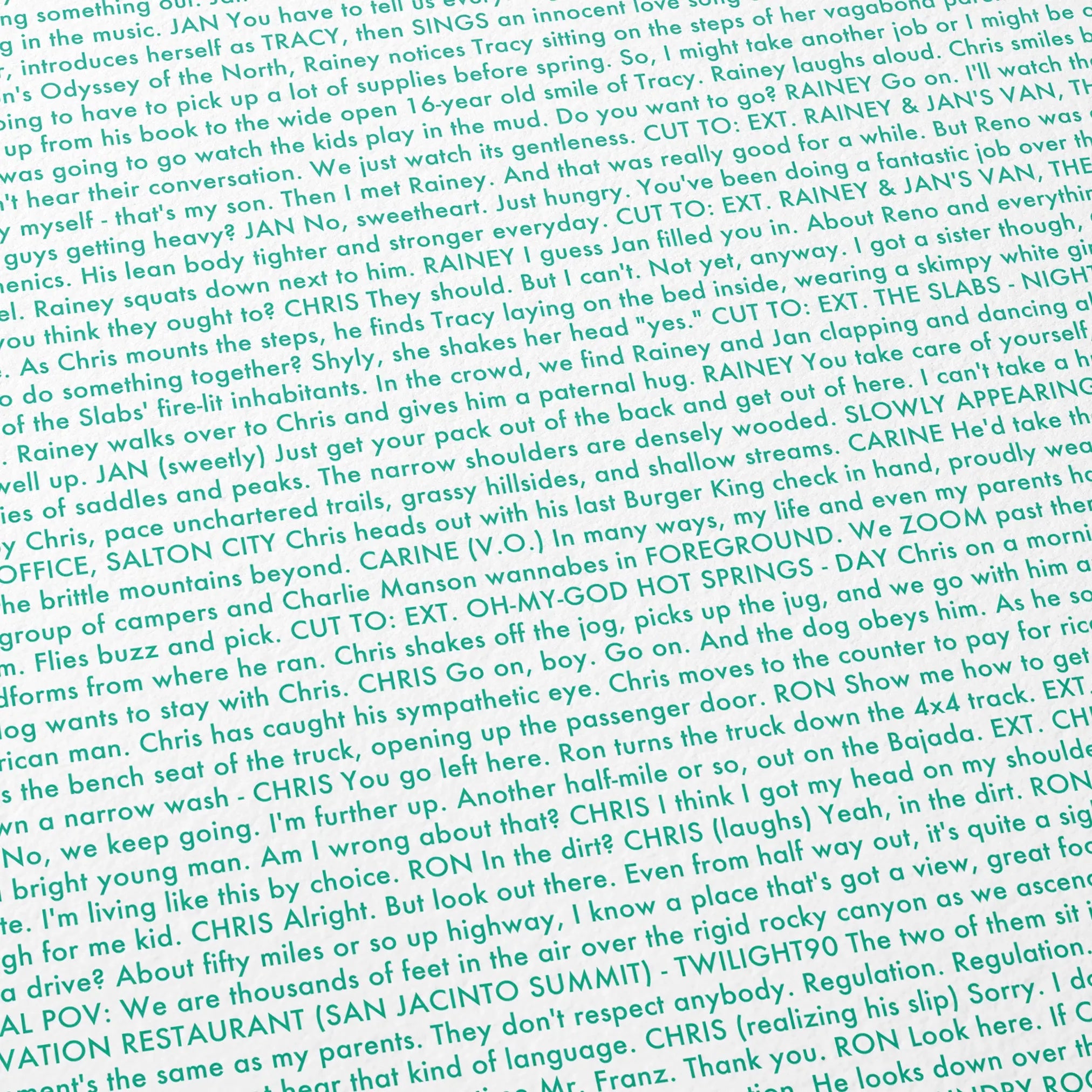 Close-up detail of the Into the Wild movie script poster showing dense typographic text.