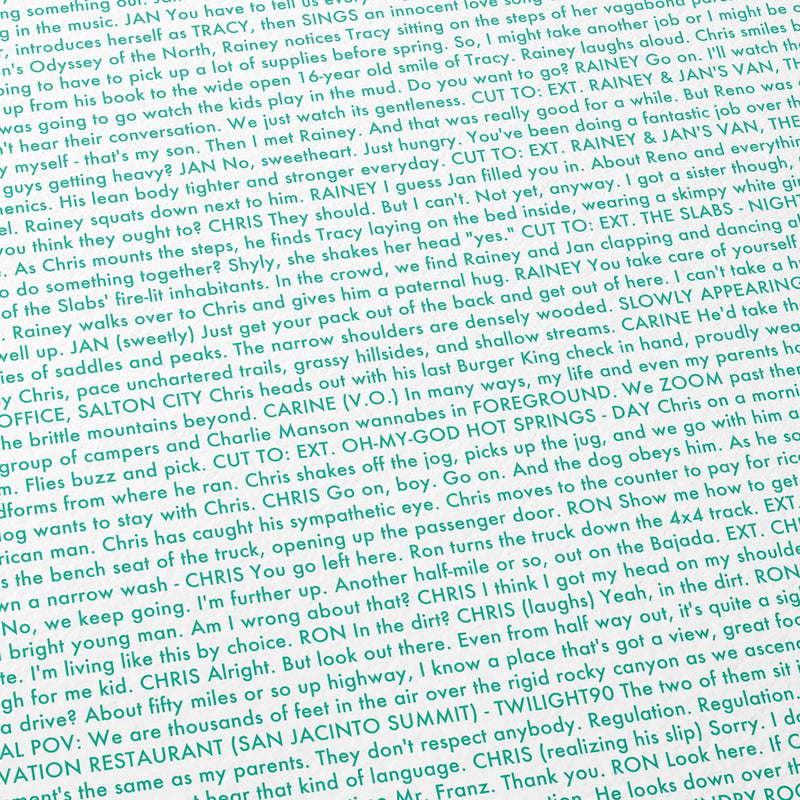 Close-up detail of the Into the Wild movie script poster showing dense typographic text.