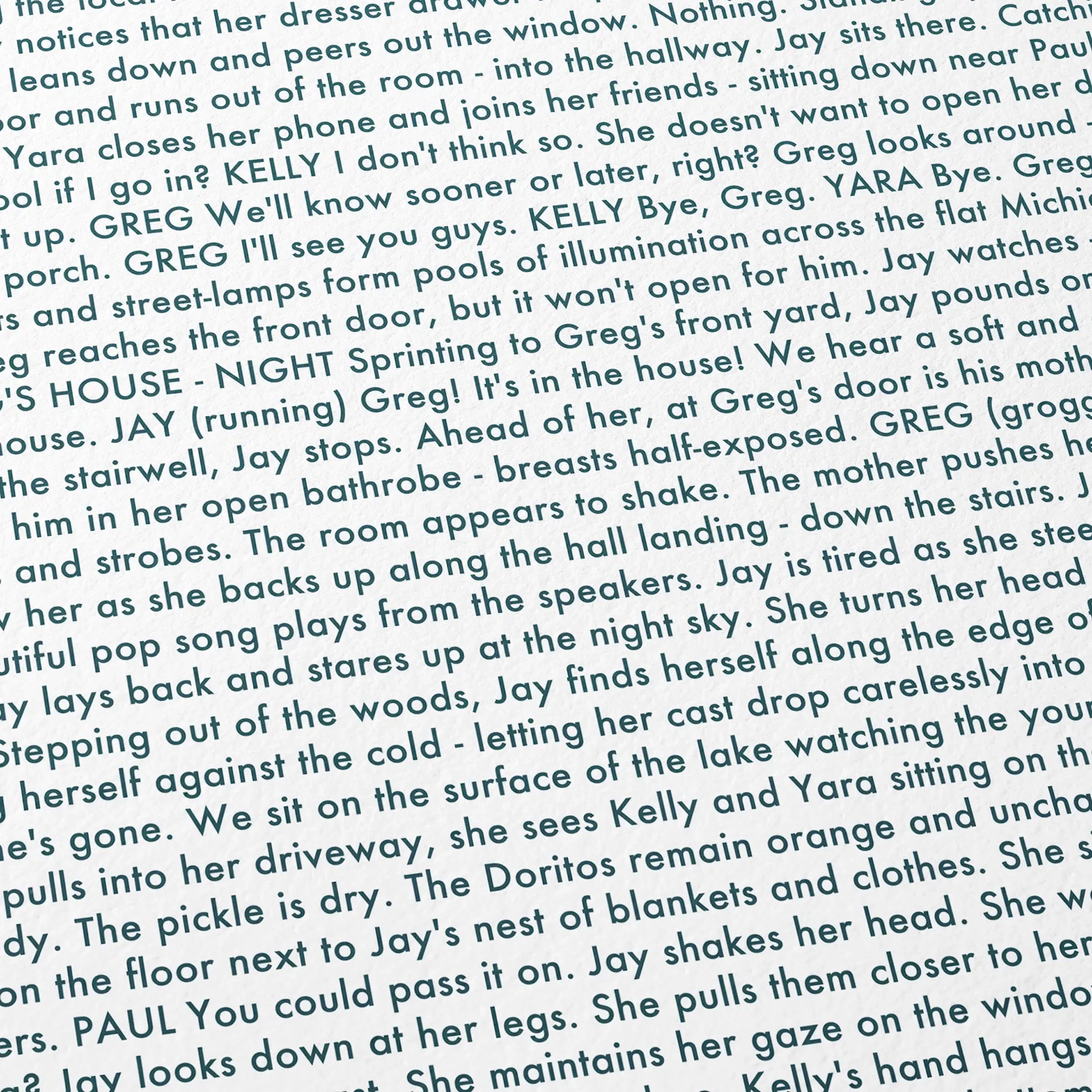Close-up detail of the It Follows movie script poster showing dense typographic text.