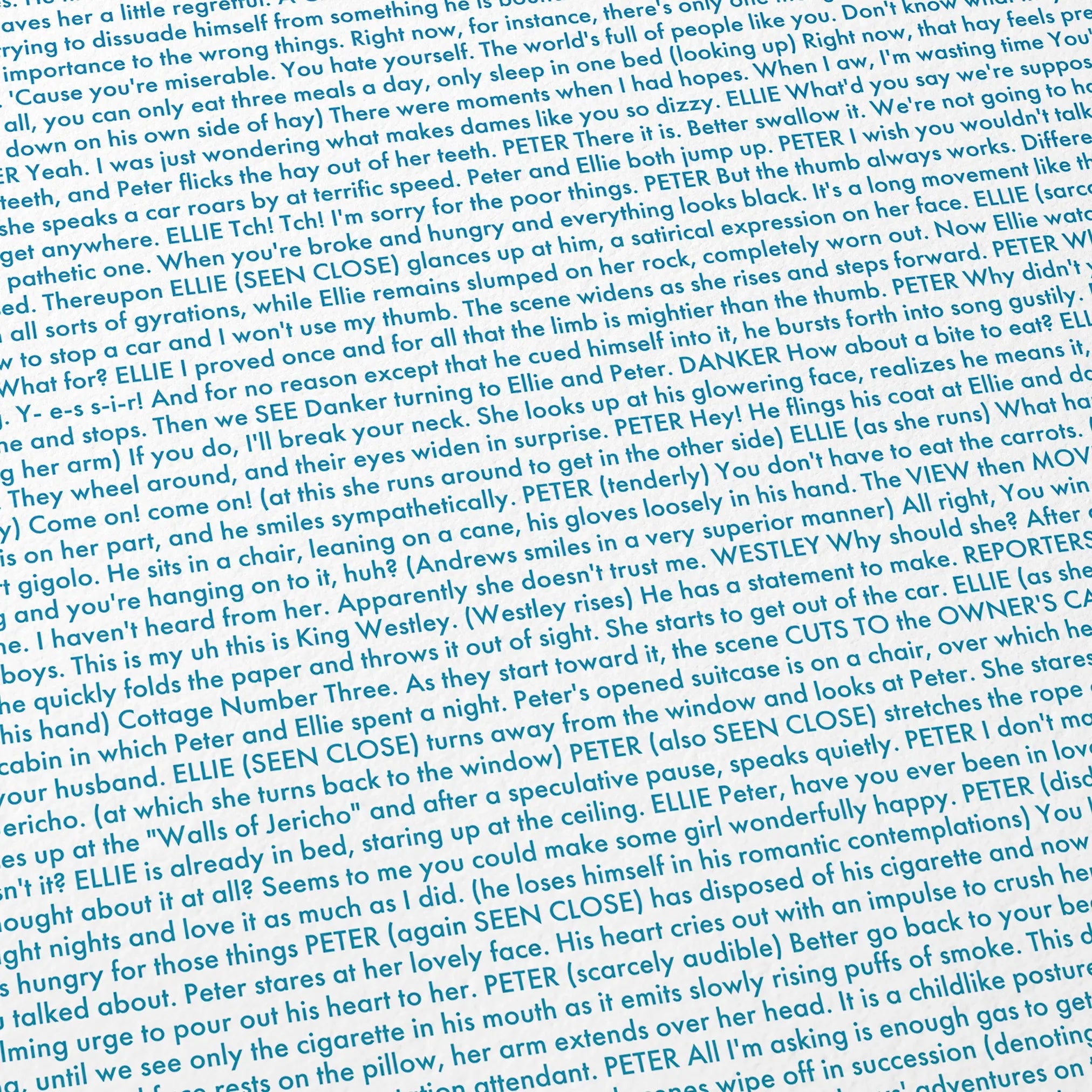 Close-up detail of the It Happened One Night movie script poster showing dense typographic text.