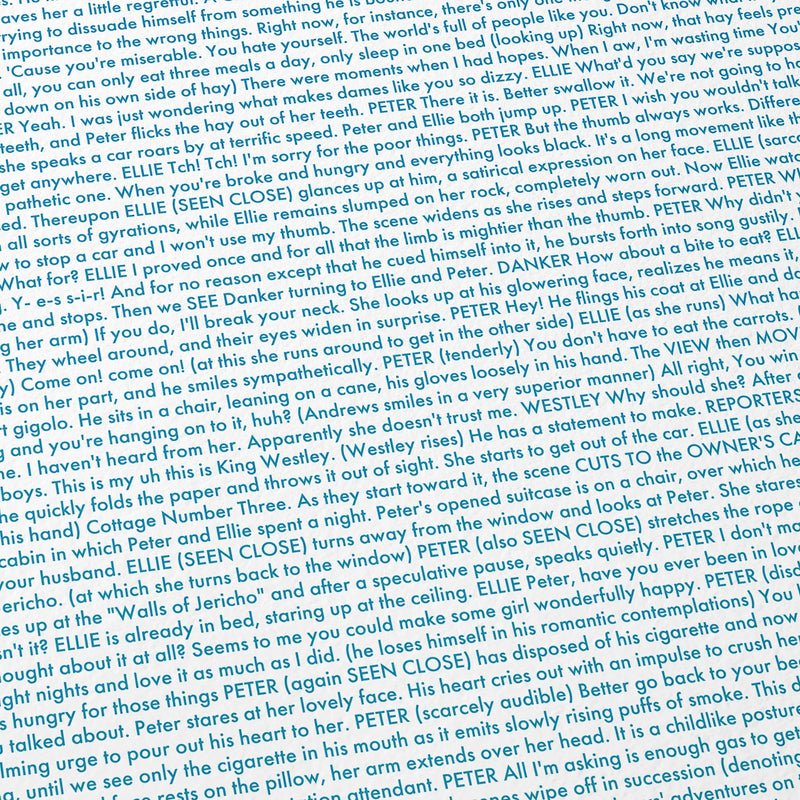 Close-up detail of the It Happened One Night movie script poster showing dense typographic text.