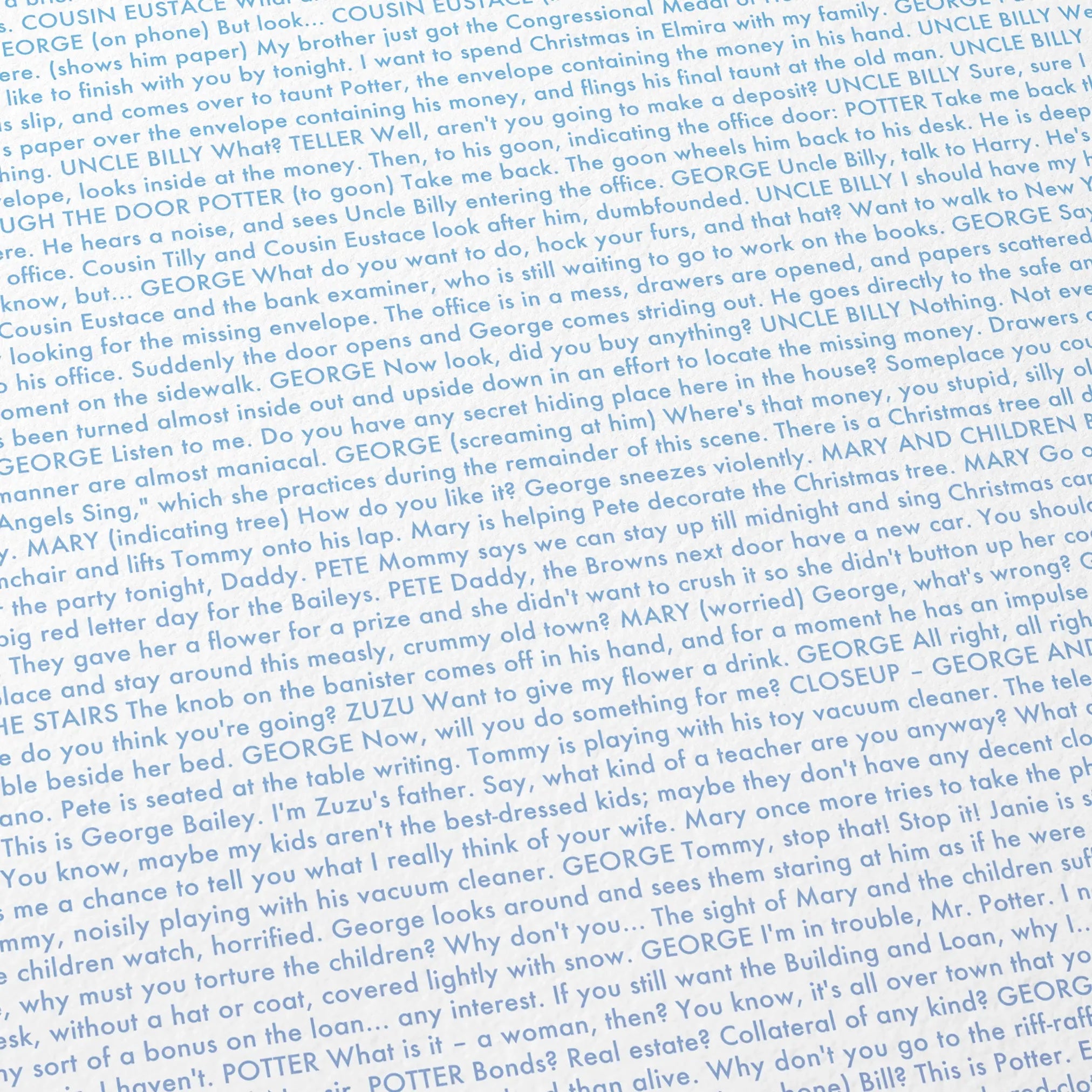 Close-up detail of the It's a Wonderful Life movie script poster showing dense typographic text.