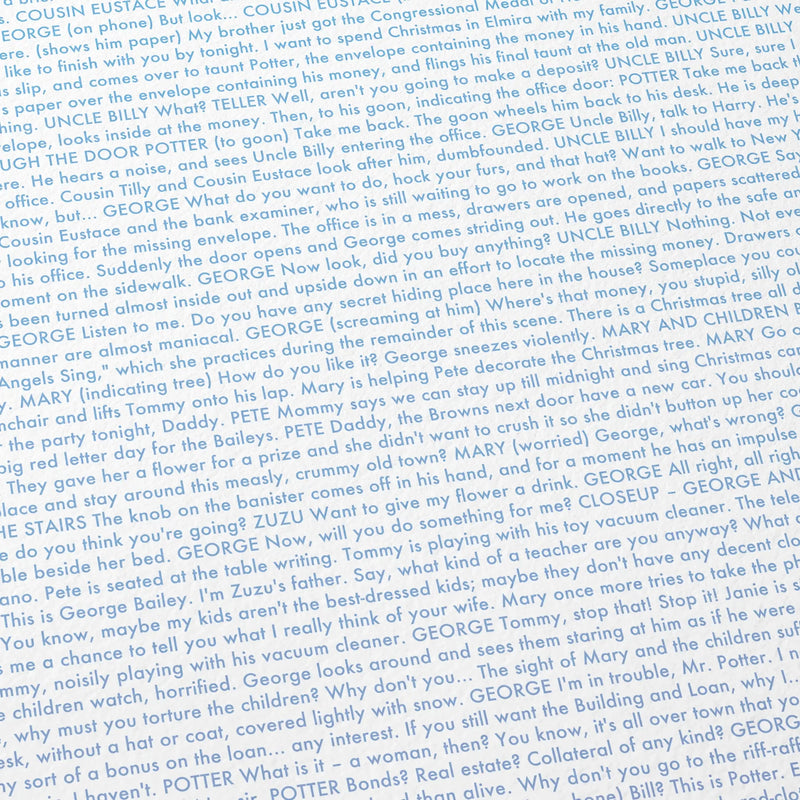 Close-up detail of the It's a Wonderful Life movie script poster showing dense typographic text.