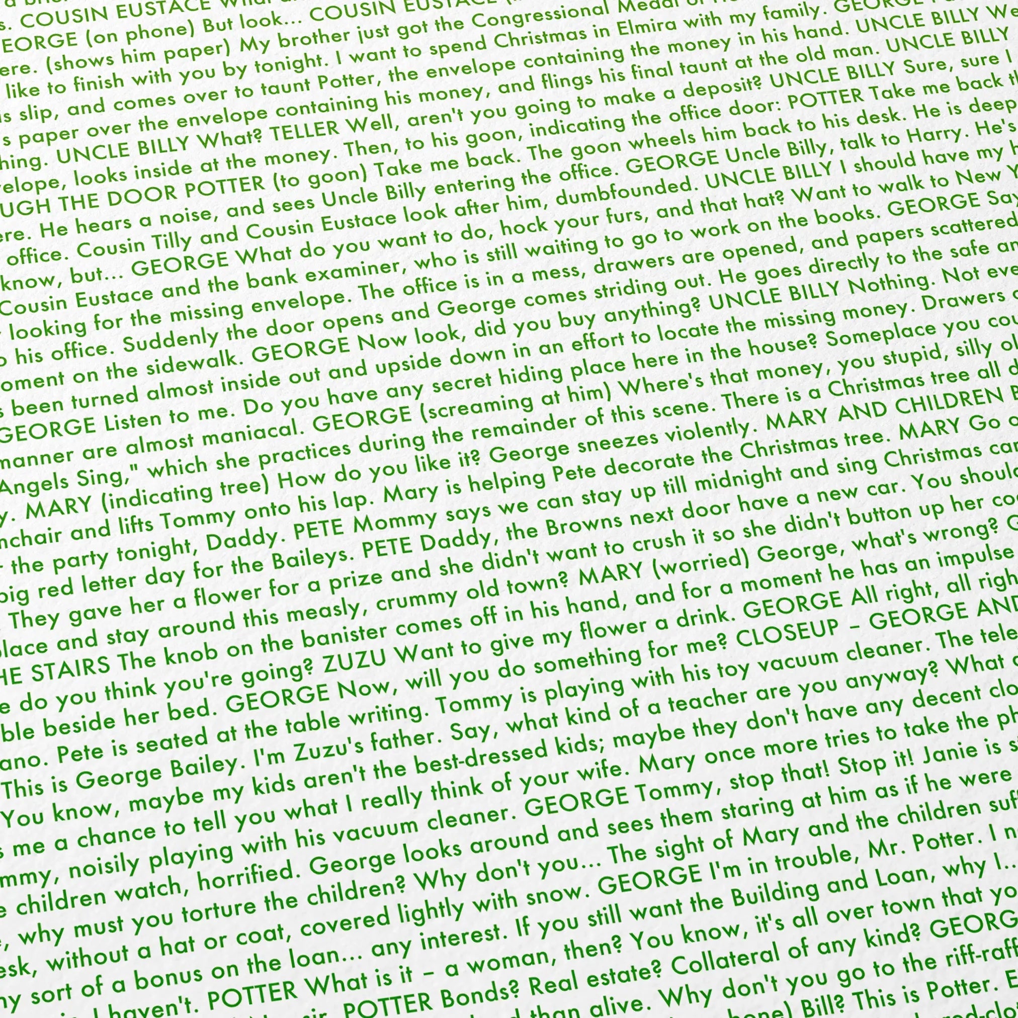 Close-up detail of the It's a Wonderful Life movie script poster showing dense typographic text.