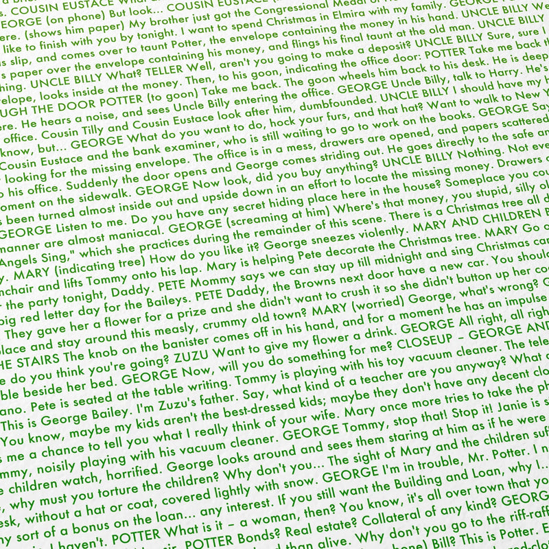 Close-up detail of the It's a Wonderful Life movie script poster showing dense typographic text.